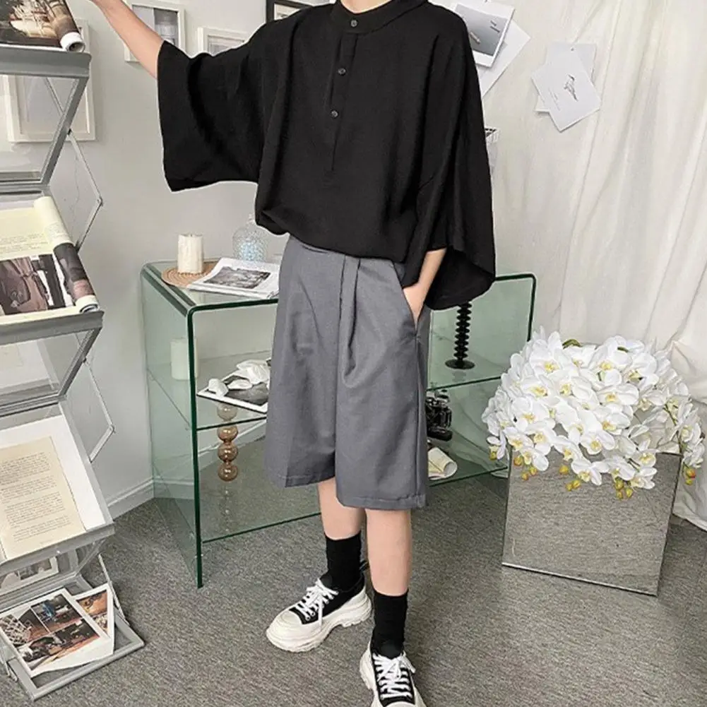 

Korean Style Casual Shirt Japanese Style Men's Pullover Shirt with Stand Collar Bat Sleeves Loose Fit Mid Length Top for Fall