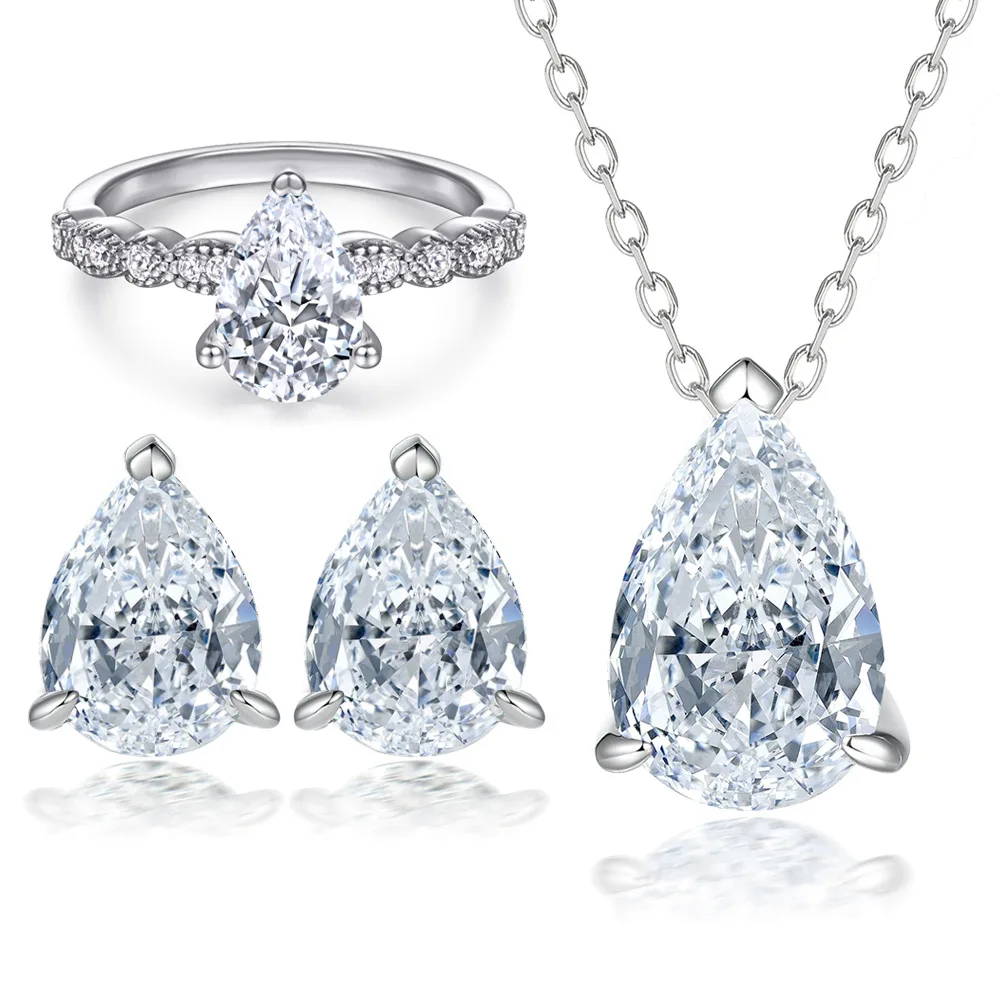 

18K gold PT950 platinum S925 silver 7-layer electroplated gold floral diamond ring pear shaped gemstone earrings women's set