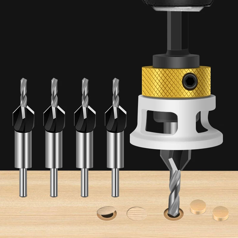 Woodworking Four Blade Countersunk Alloy Head Cone Hole Drill with Adjustable Depth, Step Drill, Hidden Screw Countersunk Drill