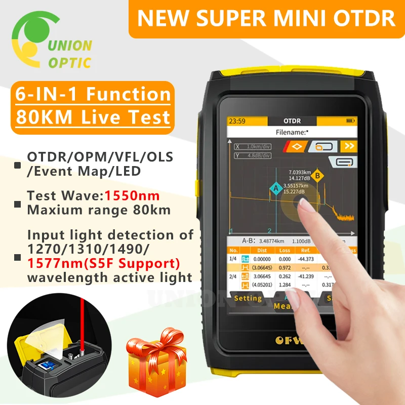 

Mini OTDR Active Live Test 1550nm 20dB Optical 1490/1577nm Fiber Reflectometer Touch Screen OPM VFL OLS Event Map Cable Tester