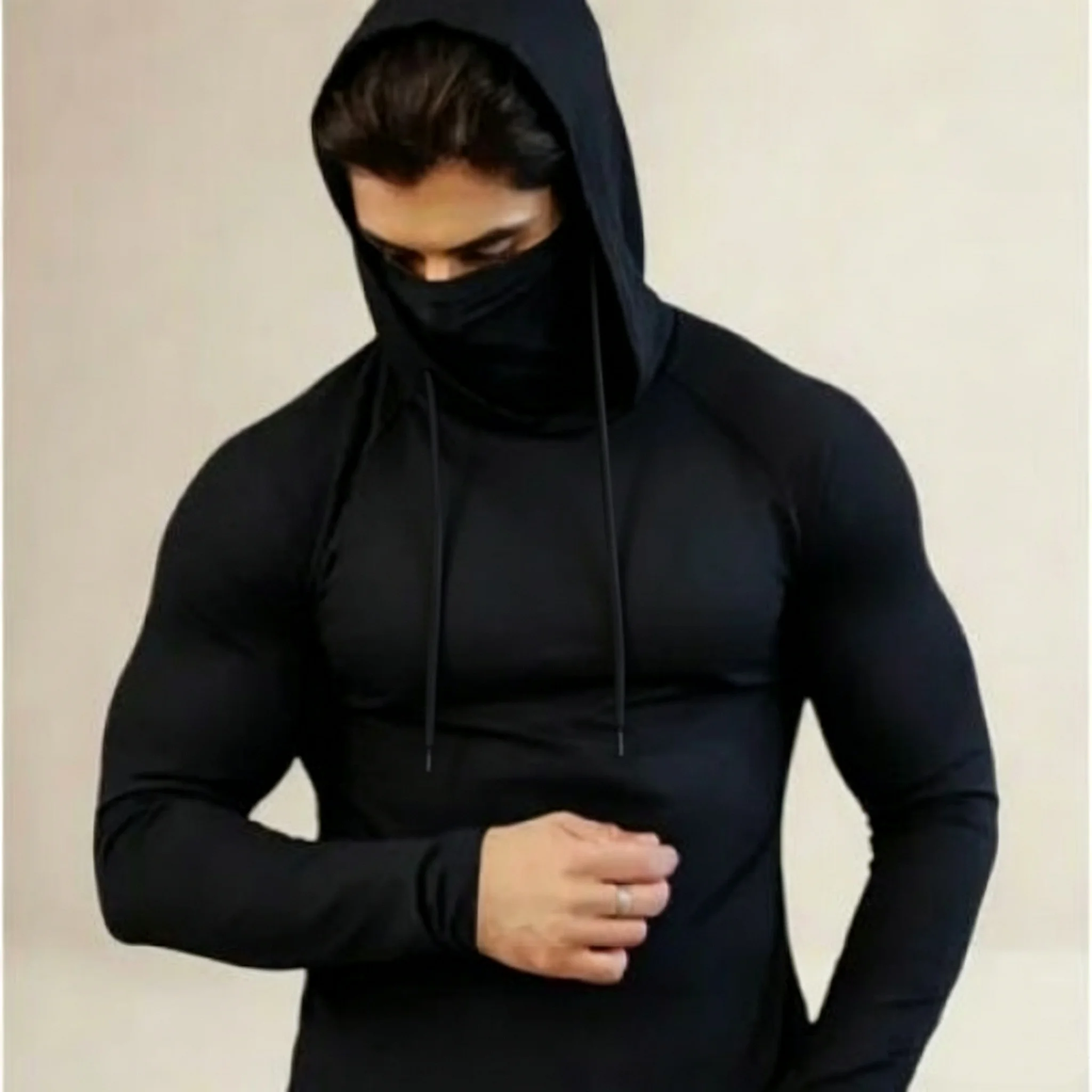 New Male Gym Thin Hoodie Long Sleeve Hoodies With Mask Sweatshirt Casual Splice Large Mask Hoodie Sweatshirt Hooded Tops Cycling