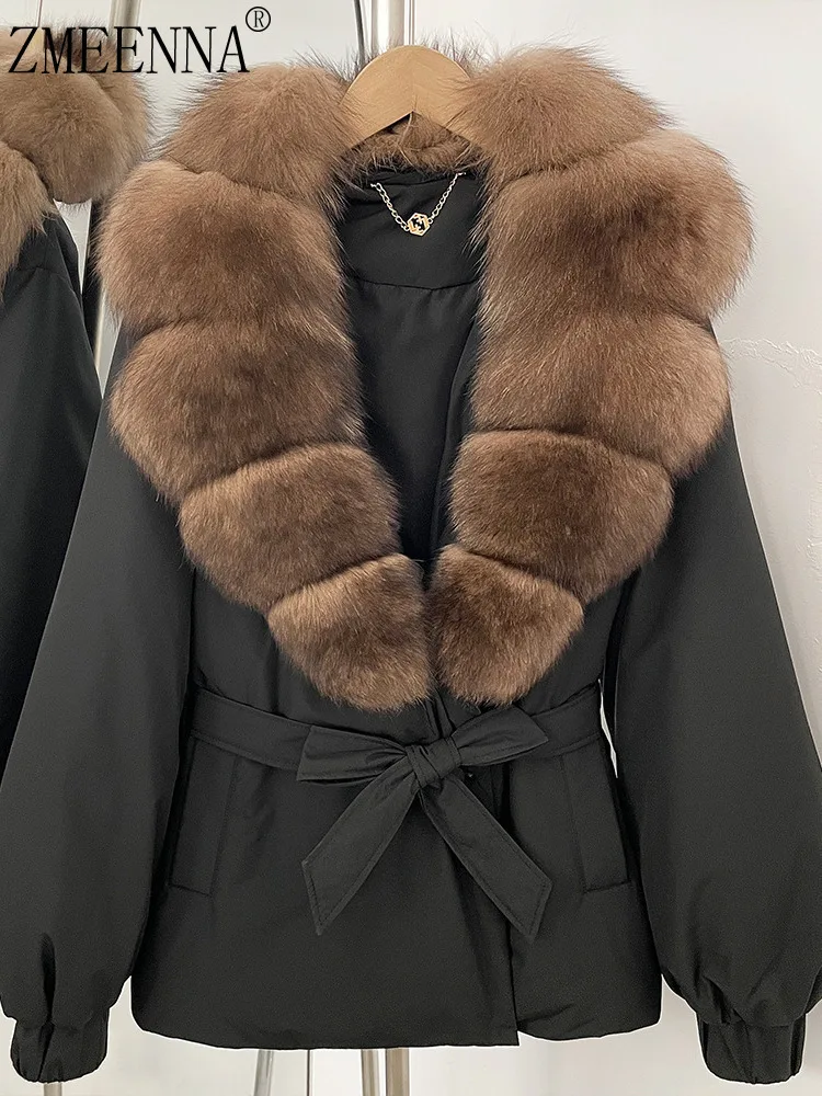

ZMEENNA женская черная куртка-пуховик из искусственного меха с большим воротником и завязкой на талии, зимнее теплое пуховое пальто, модная верхняя одежда ZM4215