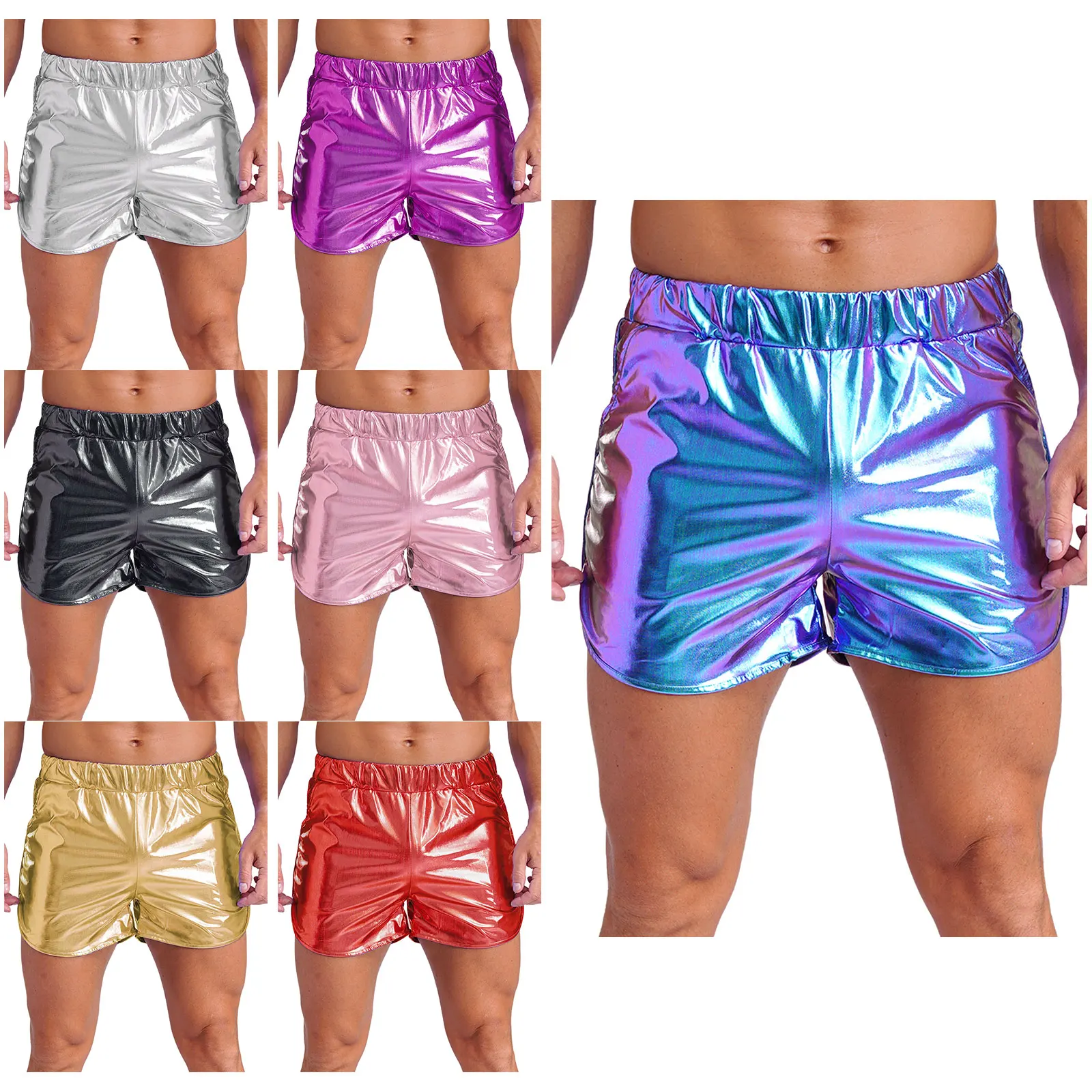 Mens Shiny Metallic Mini Shorts Elastic Waistband Side Pockets Booty Shorts Rave Party Disco Dance Hot Pants Clubwear Bottoms