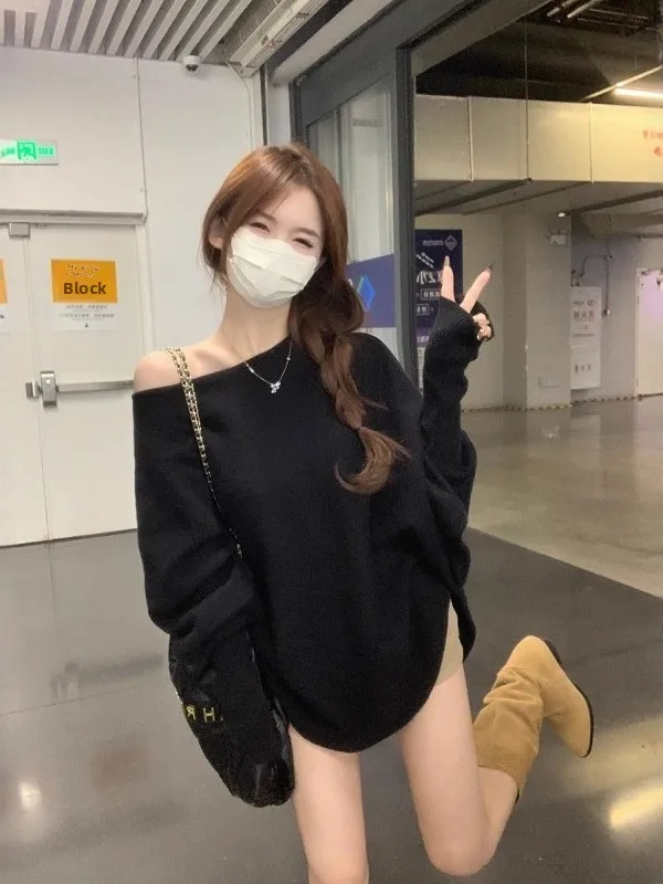 

Loose Fit Korean Sle Bla Batwing Sve Knitted Sweater oulder Bared Slant Collar Women's Autumn Winter New Arrival