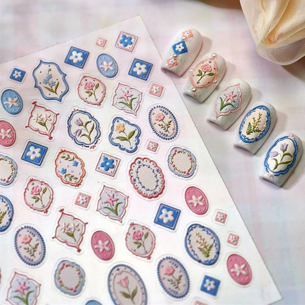 

Retro Photo Frame Pink Blue Flowers 5D Reliefs Self Adhesive Nail Art Stickers Rose Tulips Bowknot Manicure Decals Wholesale