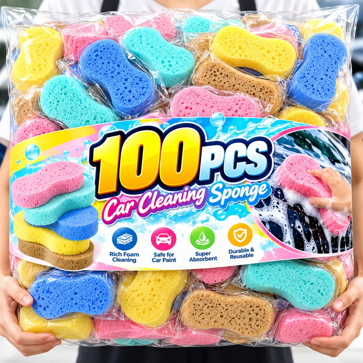 Car Wash Sponge Extra Thick Large Colorful Cleaning Sponge Longer Lasting No Scratch Surfaces for Bathroom Kitchen Household