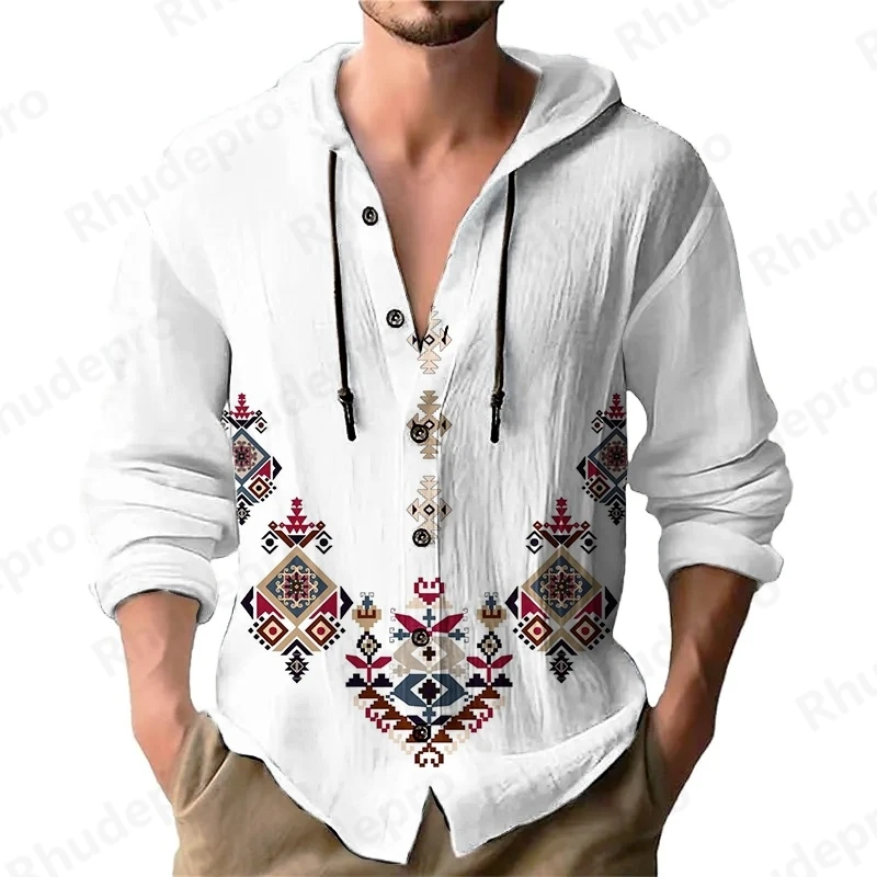 National Style Men 2025 Shirt Solid Streetwear Long Sleeve Hoodie Cardigan Clothing For Male Tops Casual Loose Y2k Clothes