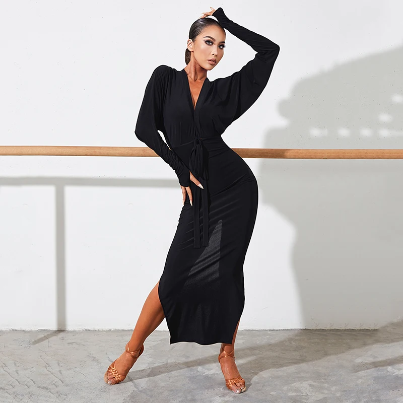 New Latin Dance Dress Women abito lungo con spacco a maniche di pipistrello Prom Rumba Ballroom Dance Competition Dress Adult Practice Wear DNV16777