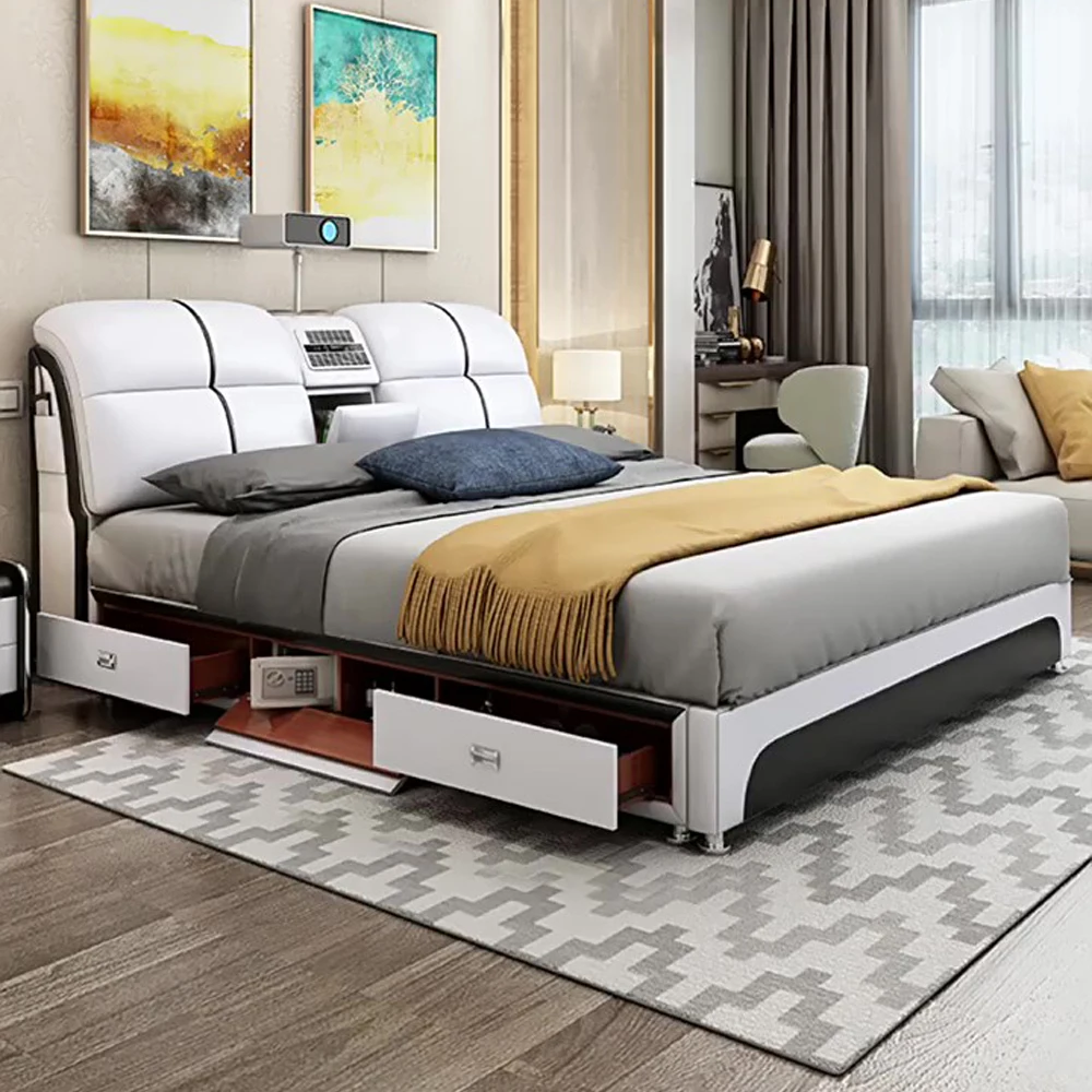 

MINGDIBAO Tech-Smart Multifunctional Bed Genuine Leather Ultimate Camas Tatami Lit with Massage, Projector, Air Purifier,Speaker
