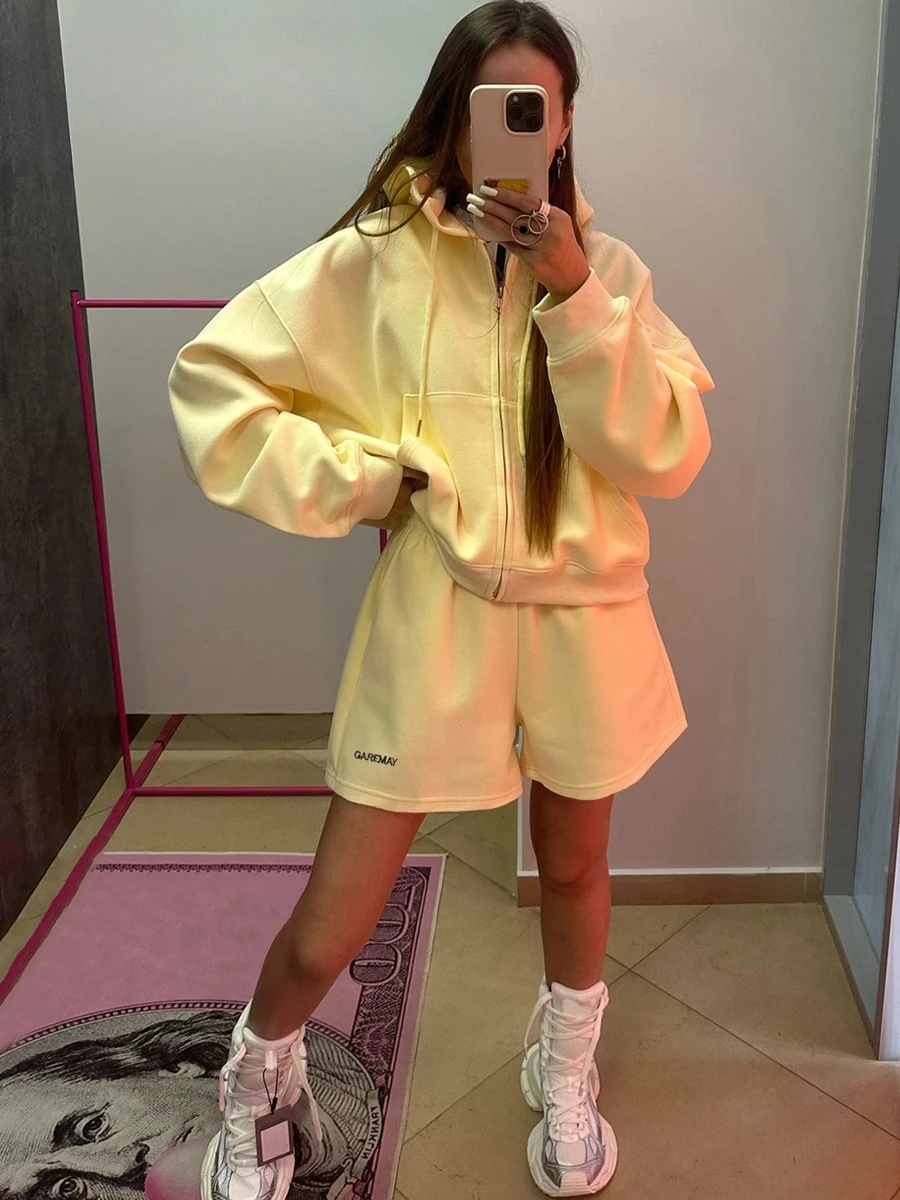 Top and Shorts Two Piece Set Casual Sports Yellow Suit for Women Women's Summer Tracksuit with Shorts Zipper Cotton Oversize