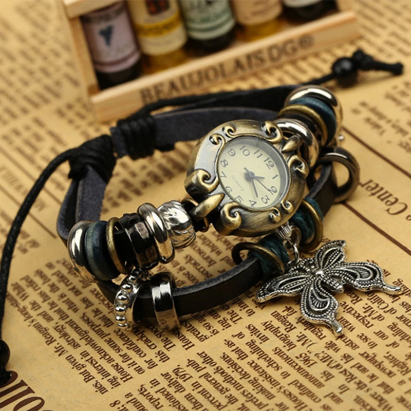 Handgemaakte vlinder kralen armband quartz horloge klok vrouwen man liefhebbers vintage retro armband lederen band armbanden jurk horloge