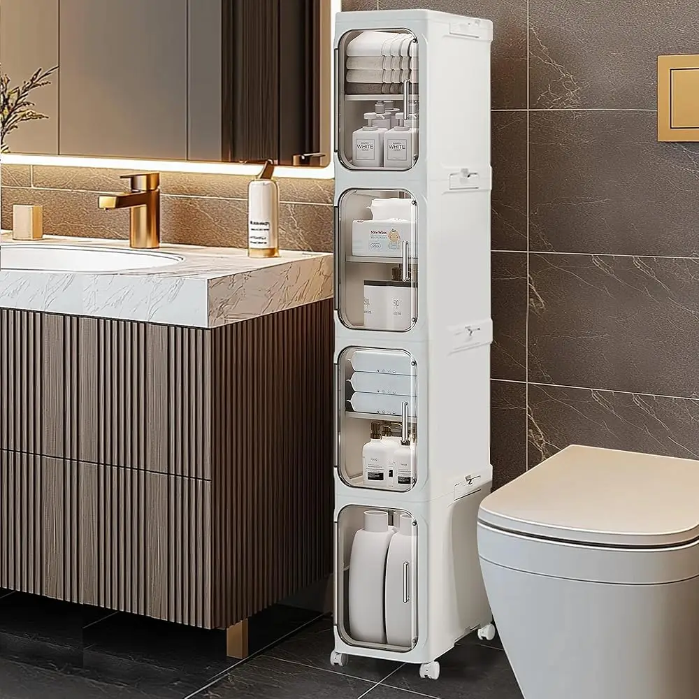 

4-Tier Tall Narrow Storage Cabinet With Transparent Doors And Shelves,Plastic Slim Bathroom Organizer, Foldable Storage Cabinet