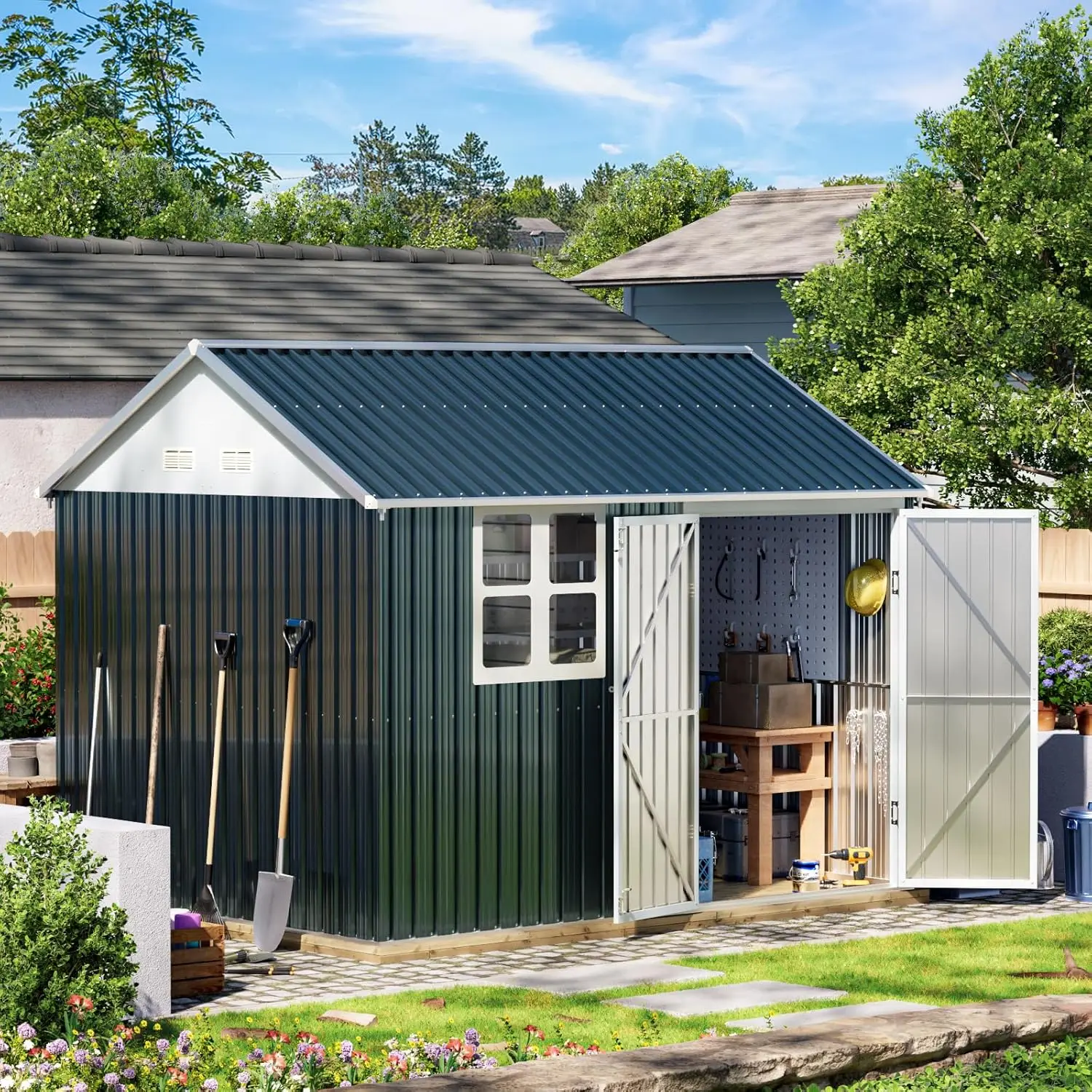 10X8FT Outdoor Steel Storage Shed with Lockable Doors One Window Ideal for Garden Backyard Patio Storage