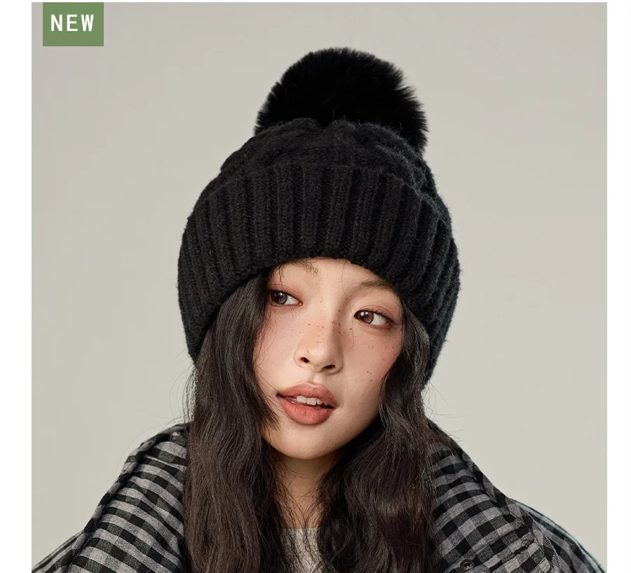 

Winter Retro Twisted Hairball Knitted Hat Girls Outdoor Windproof Warm Padded Woolen Hat Soft