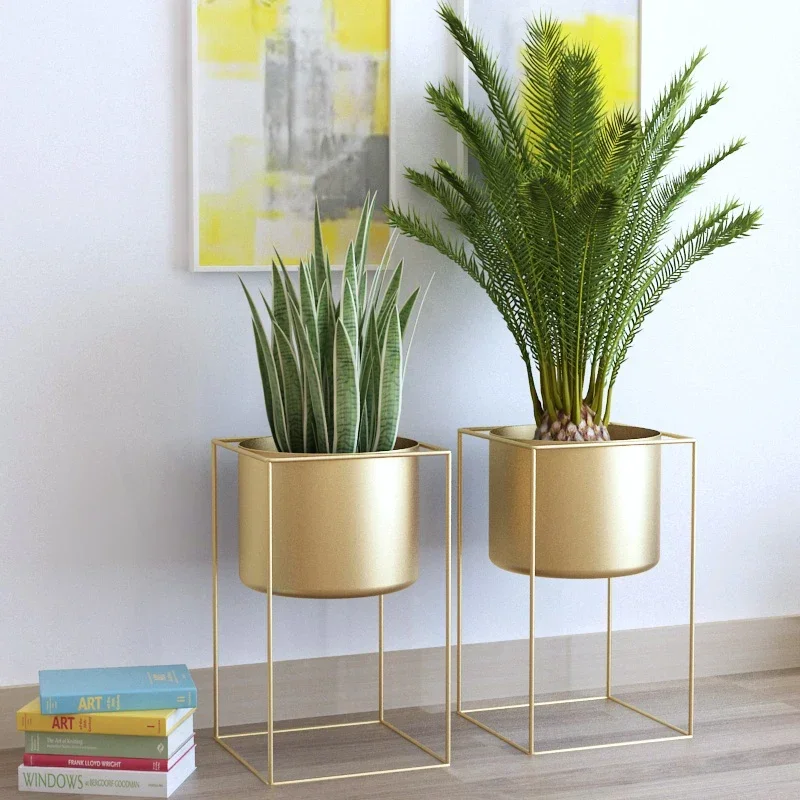 Special Nordic Creative Gold Floor Flower Stand, Light Luxury Living Room Shelf, Simple Metal Simulation Plant Pot Tray