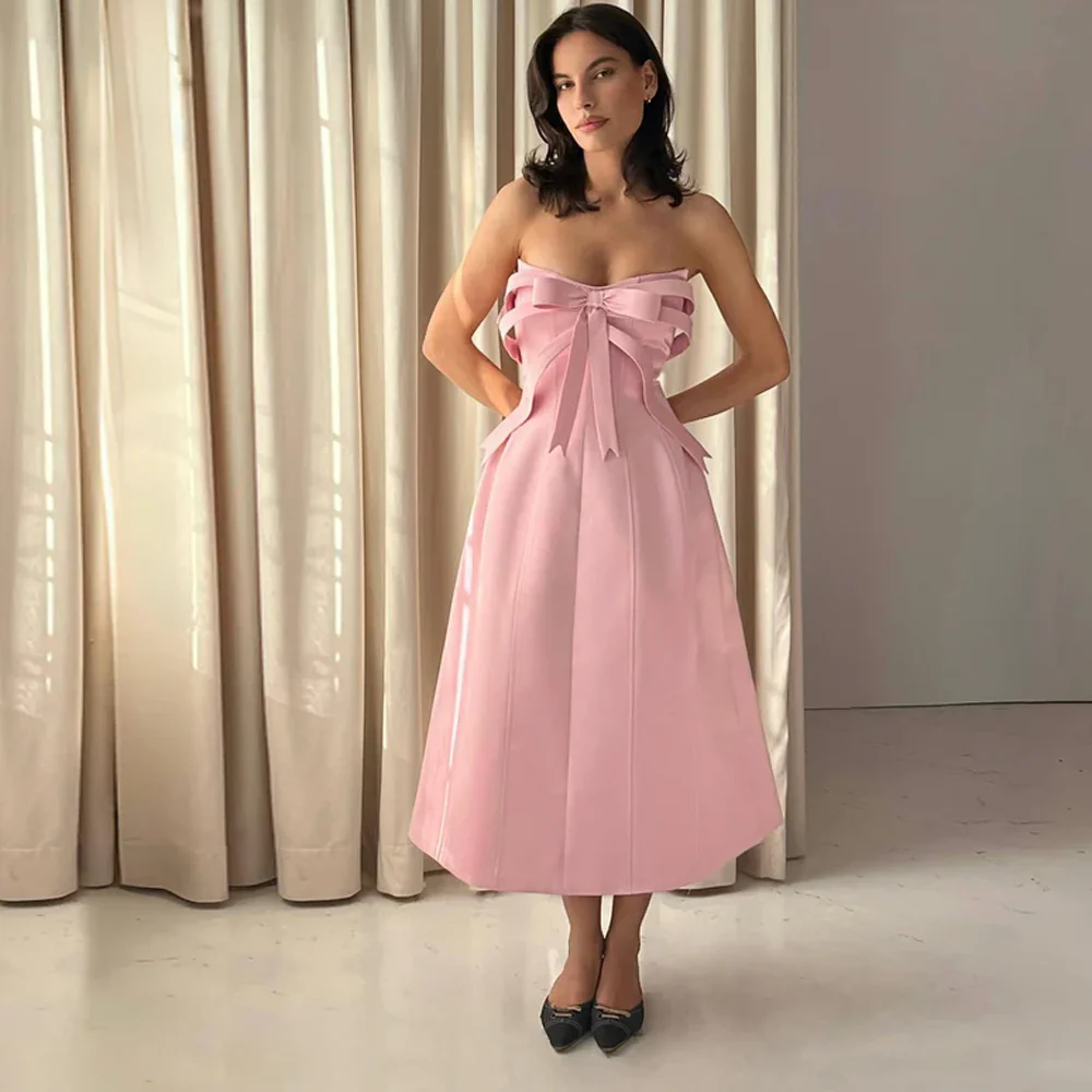 

Pretty Light Pink Ankle Length Women Dresses With Cute Bow Sweetheart A-line Girls Date Dress Lace Up Back