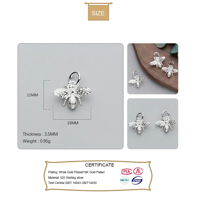 TrustDavis  Real 925 Sterling Silver Fashion Sweet 3D Busy Bees Charm Pendant Handmade DIY Accessories Jewelry Wholesale DZ117
