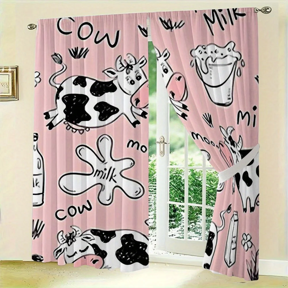 2PC Cute Cow Milk Cartoon Print Curtains Window Dressing for Nursery Kids Room Kitchen Farm Animal Decor Curtain