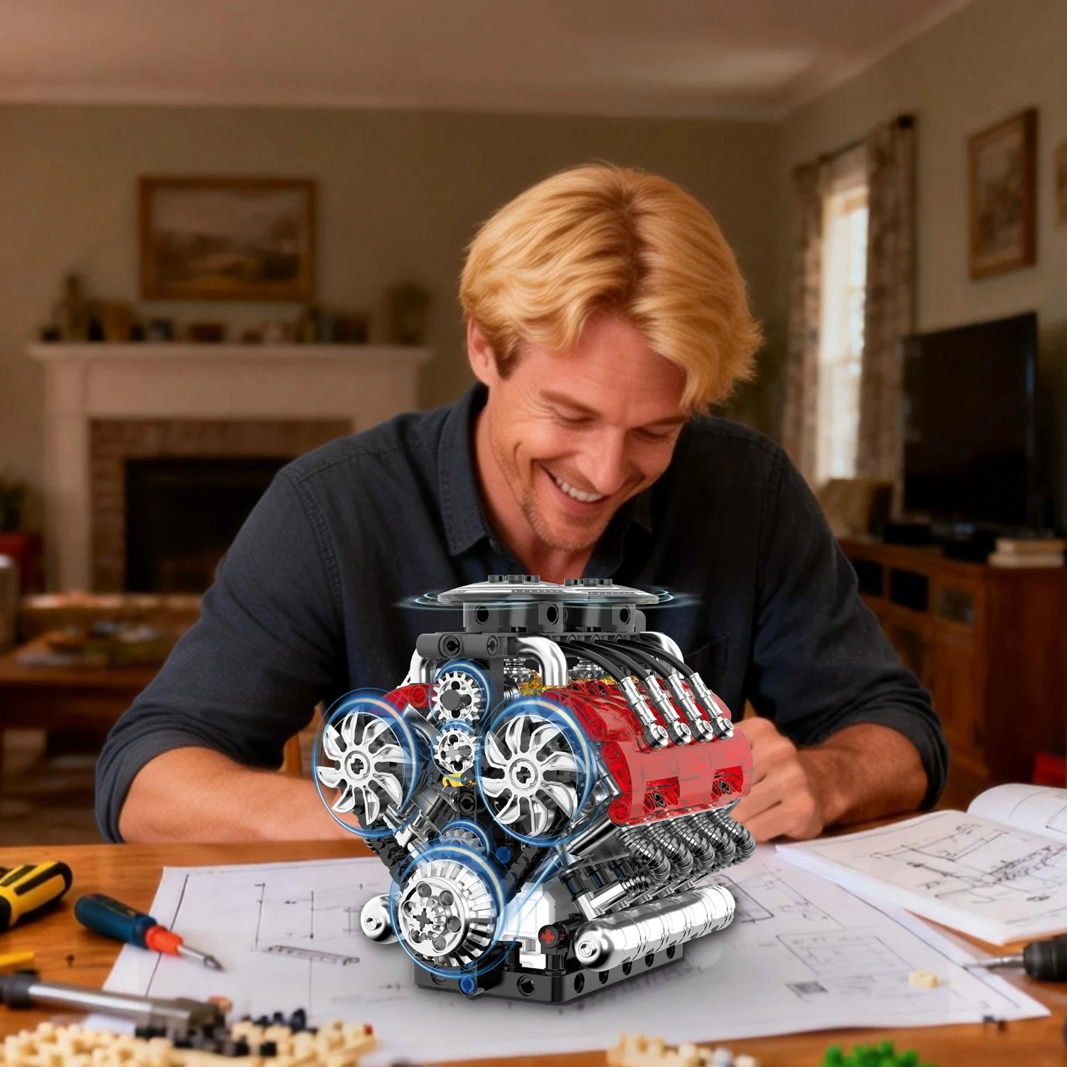 

Motorized MOC Twin Turbo Engine Building Blocks, 548PCS Electrically Driven V8 Model with Battery&Moto, Display Kit for Adults