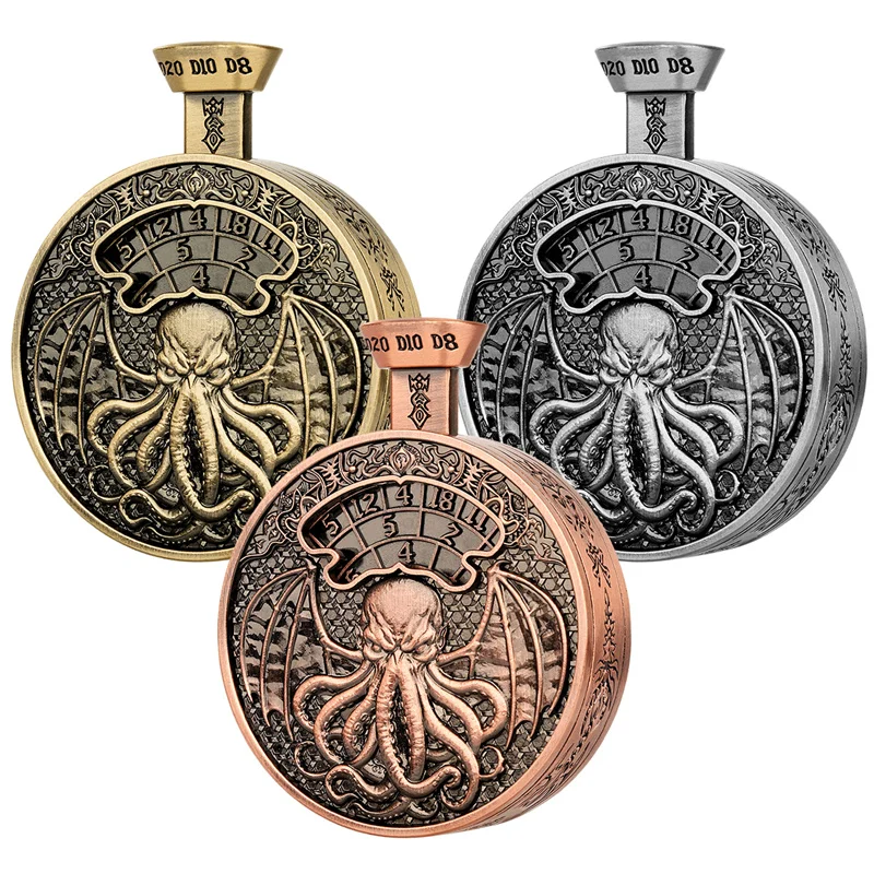 7-in-1 Octopus Dragon Dice Spinner Roulette Press Button Metal Dice for RPG Table Board Games Wedding Gift Set for Enthusiasts