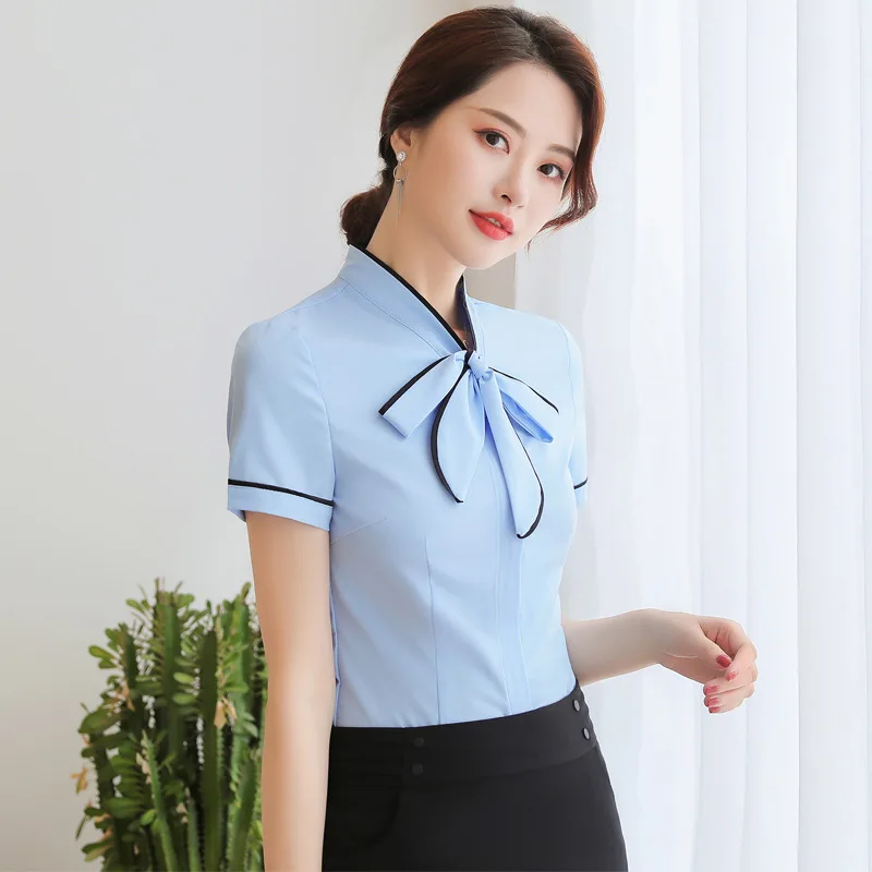 

Formal Elegant Styles Women Summer Short Sleeve Blouses Shirts Business Work Wear Career Interview Tops Clothes with Tie