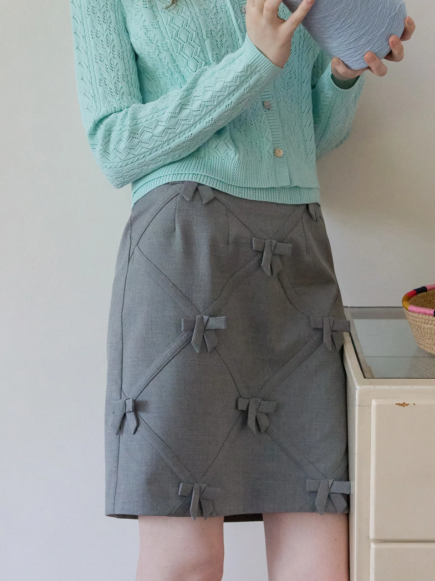 Gray A-Line  Skirt with  Knot High Waist Short Length Bodycon Polyester Fiber Commute Style Women's Skirt
