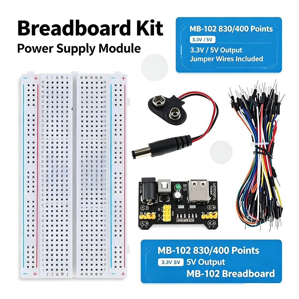 Breadboard Jumper Wires Power Supply Kit - MB102 ブレッドボード用電源モジュール + 830/400ポイントのハンダ不要式ブレッドボードキット（65本のジャンパーワイヤー付き）、3.3V/5V。