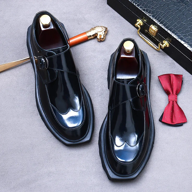 Patent Leather Platform Men\'s Dress Shoes Luxury Brand Handmade Genuine Leather Fashion British Style Wedding Social Loafers Man