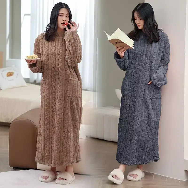 ‌ Szlafrok Walking Comforter - Szlafrok z polaru koralowego z kieszeniami, zimowa odzież domowa, sukienka do spania z żakardowym wzorem kwiatowym dla kobiet