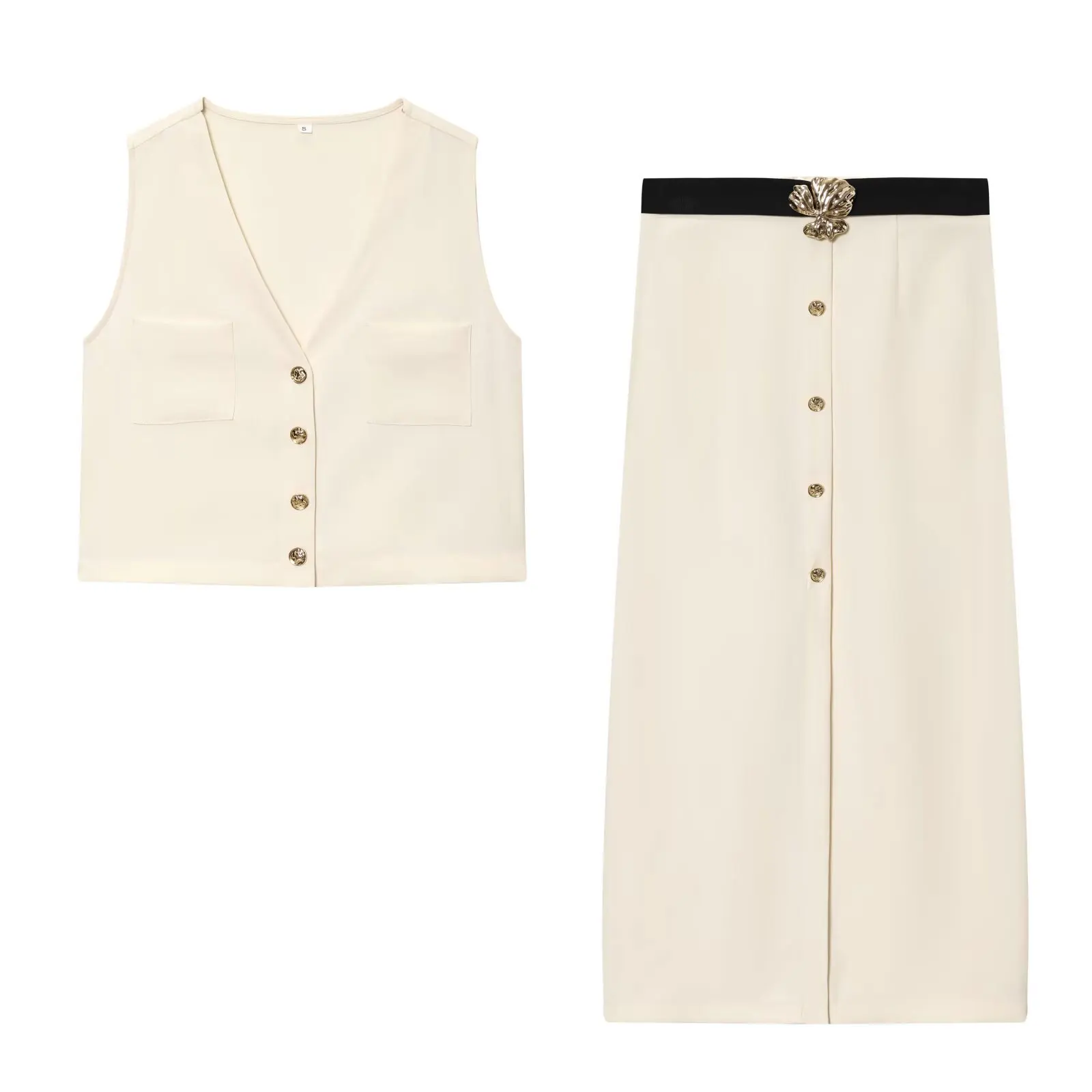 

HH женский элегантный однотонный костюм без рукавов с карманами, однобортный жилет, топ + поясная юбка с разрезом на пуговицах, модный комплект