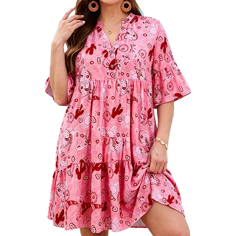 Plus-Size Printed Buttoned Ruffle Loose Dress Multi-Layered Bohemian Style Cinched Waist Beach Knee-Length Women's Dress view 6