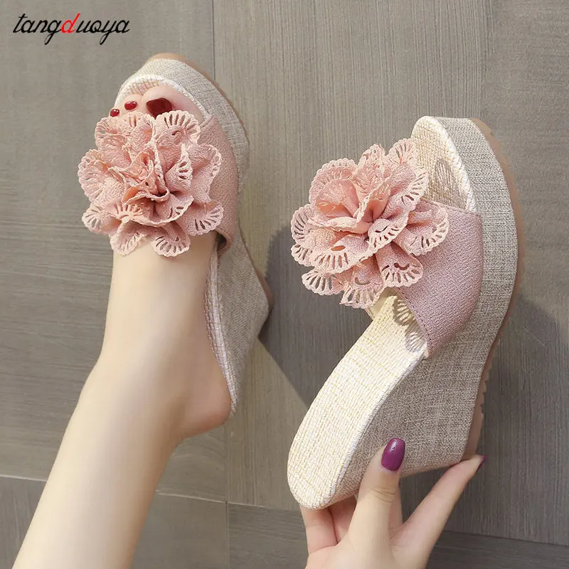 pink Women Slippers Fashion Pee Toe Summer Shoes Butterfly-knot High Heels Women Slides Platform Wedges Ladies Women Shoes 42