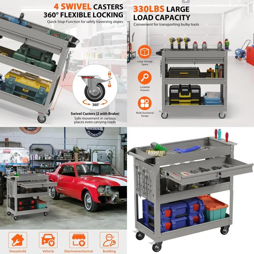 Zwaar uitgevoerde gereedschapswagen met 3 niveaus op wielen, rollende gereedschapswagen op wielen met lade, 350 lbs laadvermogen servicekaart voor waren