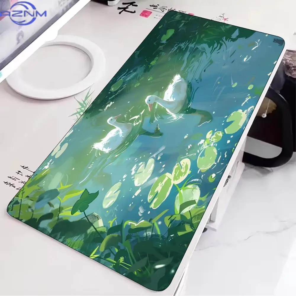 White Goose Water Lily Pond Mouse Pad Large Rubber Non-slip PC Desk Accessories Mousepad for Office and Gamer Keyboard Decor Mat