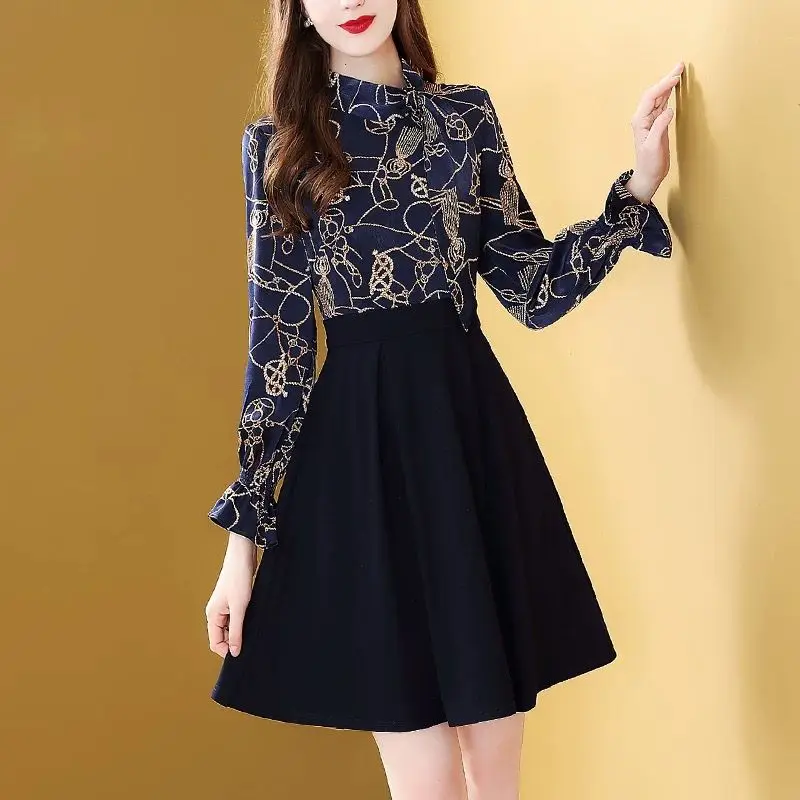 Elegant Printed Lace Up Bow Fake Two Pieces Mini Dress Women\'s Clothing 2023 Autumn Winter Loose Butterfly Sleeve Ladies Dresses