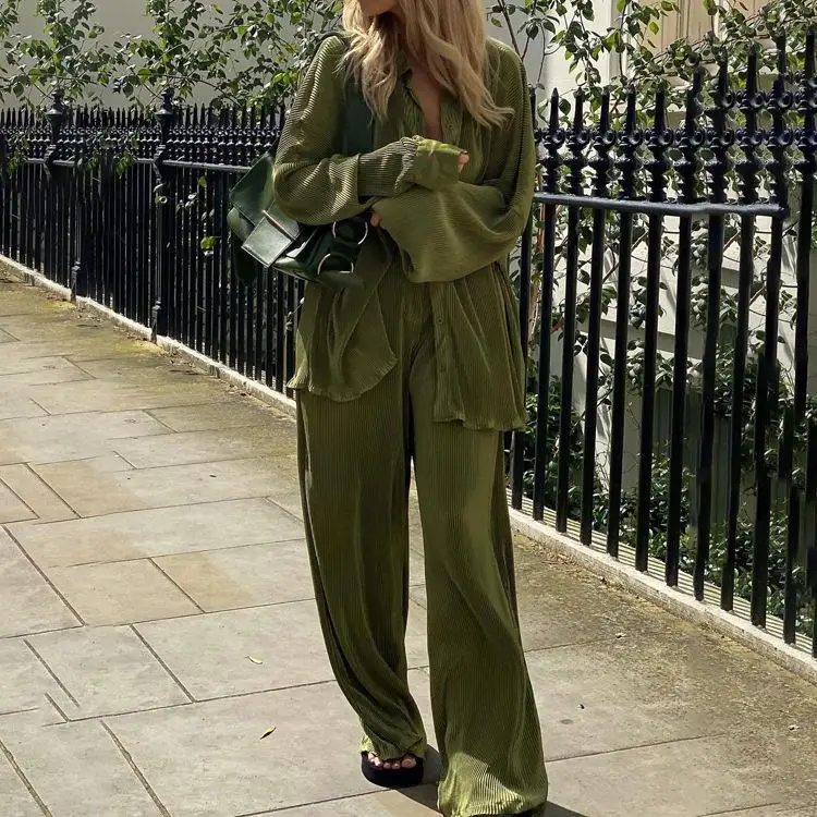 

Women Causal Loose Home Suit Long Sleeve Blouse With High Wasit Pants Set Elegant Pleated 2 Piece Pant Sets Autumn