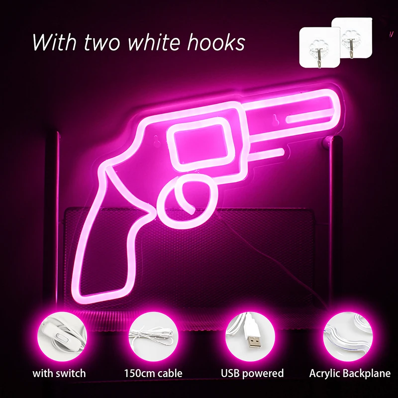 Imagem -04 - Revólver Neon Sign Luzes Led Pink Gun Pistol Design Wall Hanging Art Lâmpada para Quarto Home Bars Decoração do Quarto Gamer Usb