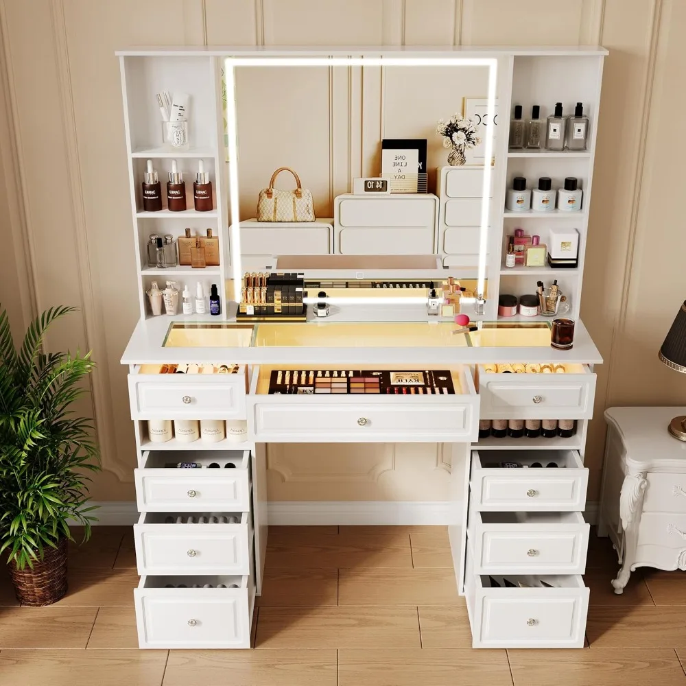 

Vanity Desk with Mirror and Lights, Glass Tabletop, European Style, 9 Drawers, 2 Side Cabinets, Dressing Table