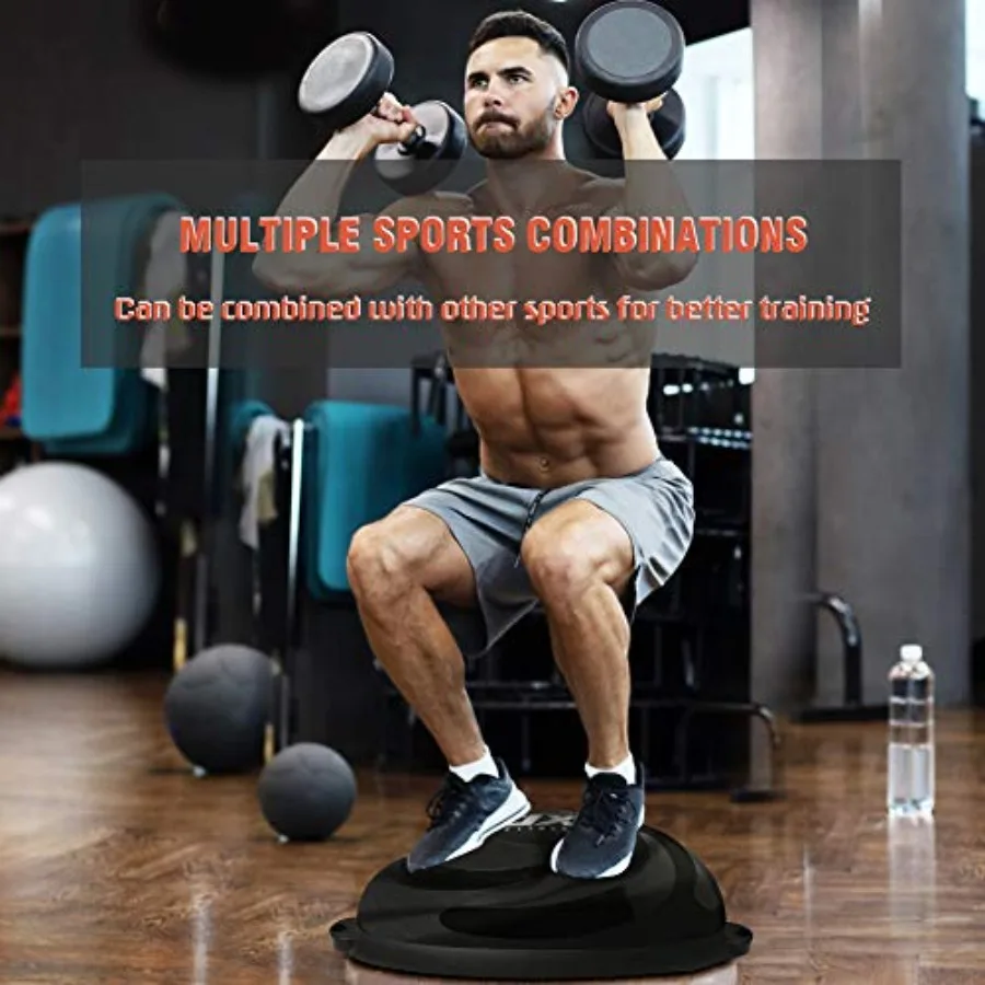 Home gym yoga half ball trainer 58cm black PVC non-slip surface for core and ab strength stability workouts with included resis