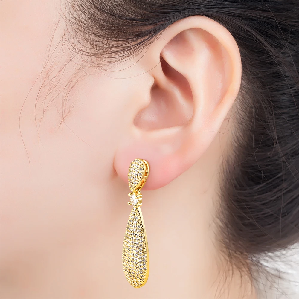 Nidin Light Luxury Long Drop Water Earrings Women Delicate Shiny Full  Zircon Gold Color Jewelry Wedding Party Accessories Gift