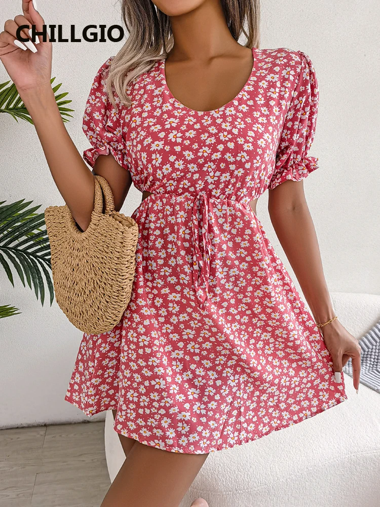 CHILLGIO Women Floral Print A Line Sundress Short Puff Sleeves Vestidos Slim Cut Out Korean Bohemian Summer Chiffon Beach Dress