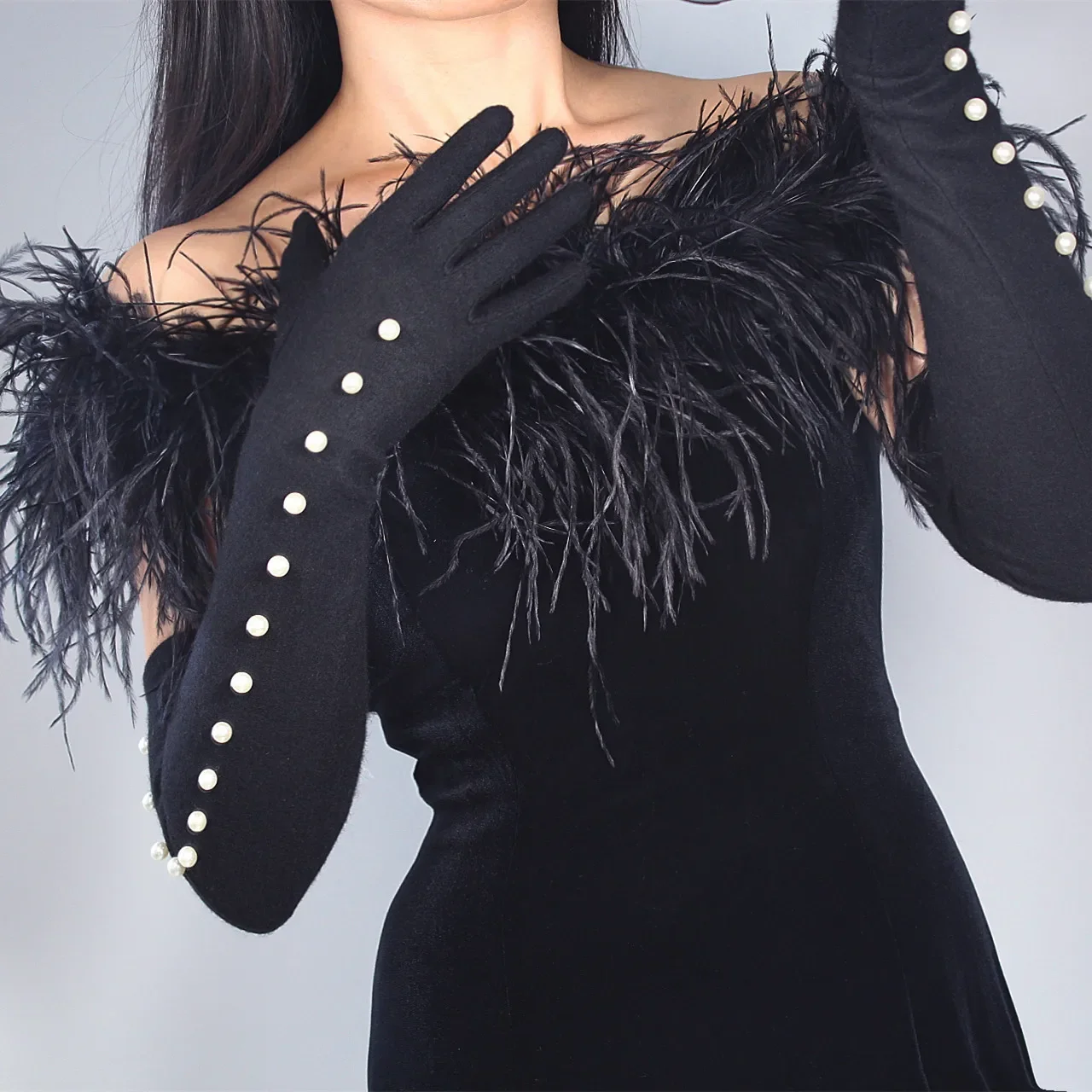 Women's 60cm Long Black Pearl GLOVES WOOL CASHMERE Winter Arm Warmers Long Warm Sleeves Merino Fashion Opera Evening Party Glove