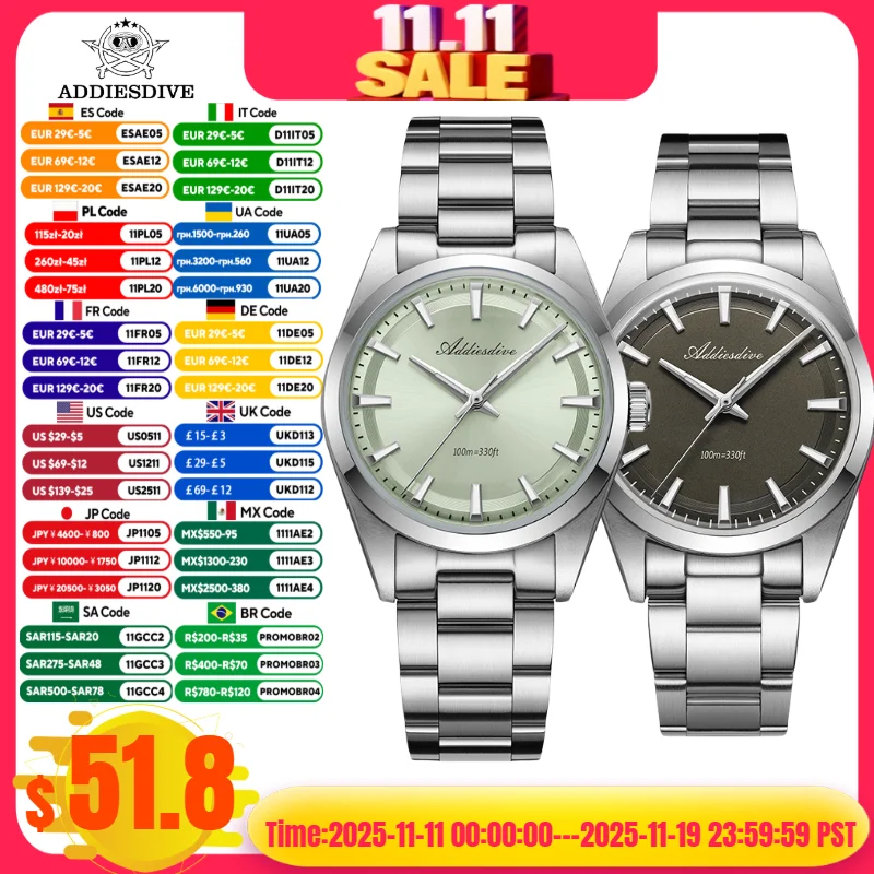 

ADDIESDIVE 36mm Luxury Man Watch VH31 BGW9 Super Luminous 316L Stainless Steel Bubble Mirror Glass 100m Waterproof Quartz Watch