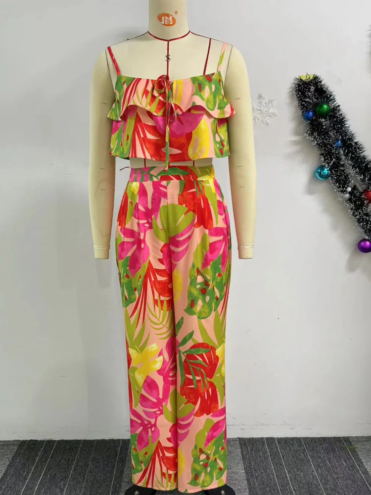 Beyprern Tropical Floral Print Contrast Spaghetti Strap Sleeveless Ruffle Hem Cami Tops ANd Wide Legs Pants Set Vacation Outfits