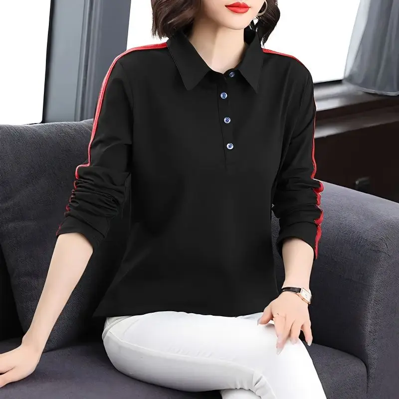 

Vintage Polo Neck Striped Patchwork Contrast T Shirts Spring Autumn Long Sleeve Loose Plus Size Top Casual Fashion Women Clothes