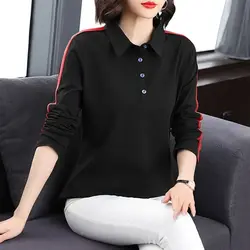 Vintage Polo Neck Striped Patchwork Contrast T Shirts Spring Autumn Long Sleeve Loose Plus Size Top Casual Fashion Women Clothes