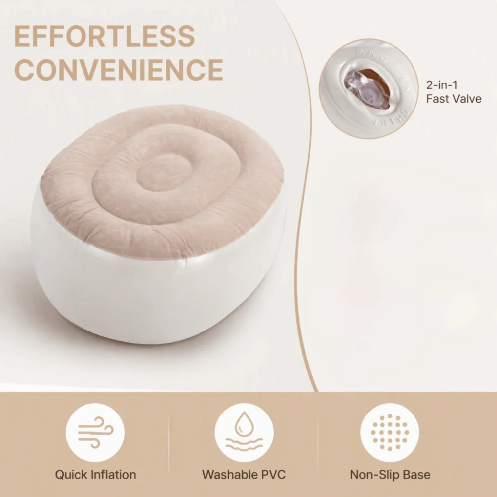 PVC Inflatable Foot Stool Flocking Surface Quick Air Charge Inflatable Ottoman Chair Light Brown Beige Portable Inflatable Seat