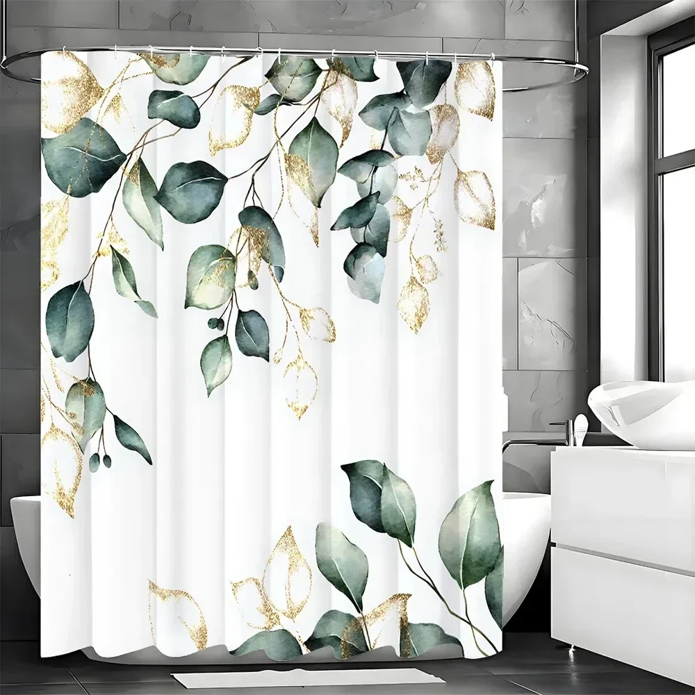 

Green Eucalyptus & Gold Print Shower Curtain, Botanical Watercolor Design, Waterproof Polyester Bathroom Curtain with Hooks