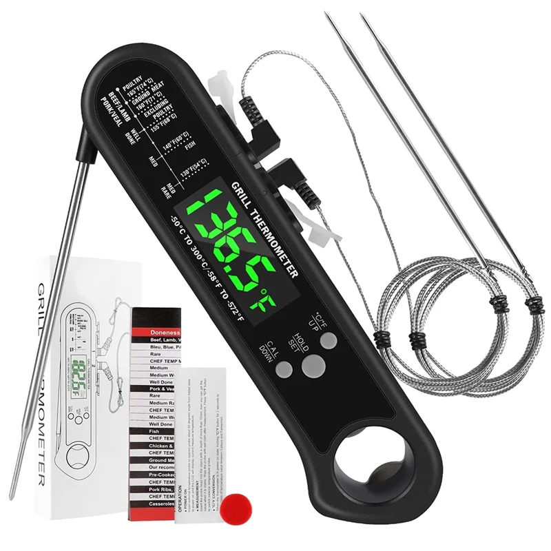 

3 in 1 Digital Meat Thermometer, Instant Read Food Thermometer with 2 Detachable Wired Probe,Calibration, Alarm Function