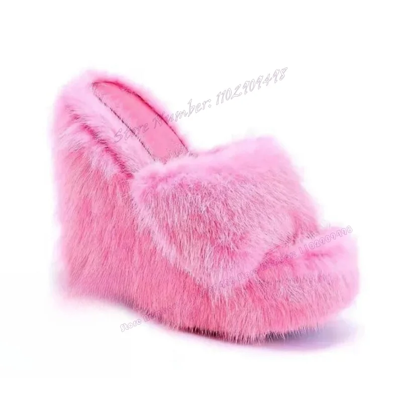 

Pink Fur Decor Wedges Heels Slippers Platform Open Toe Shoes for Women Solid Color Comfortable Shoes 2023 Zapatos Para Mujere